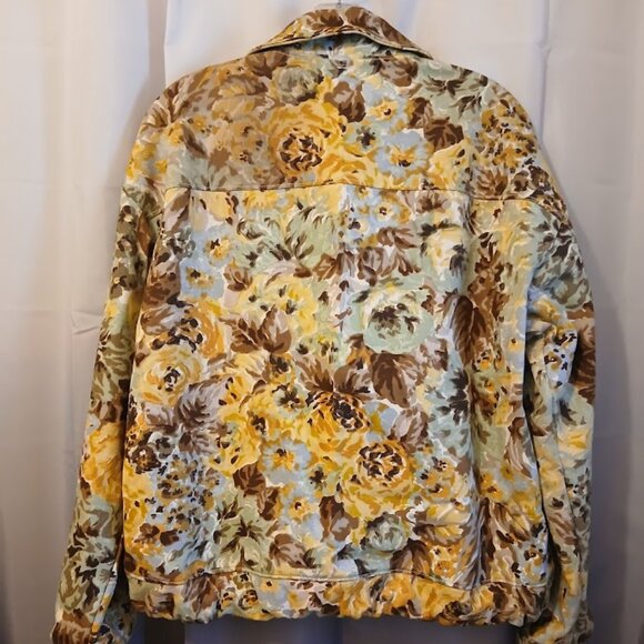 Nwt Floral Roses Twill Denim Full zip up Jacket Coat womens M Mint Brown Mustard - Picture 8 of 12